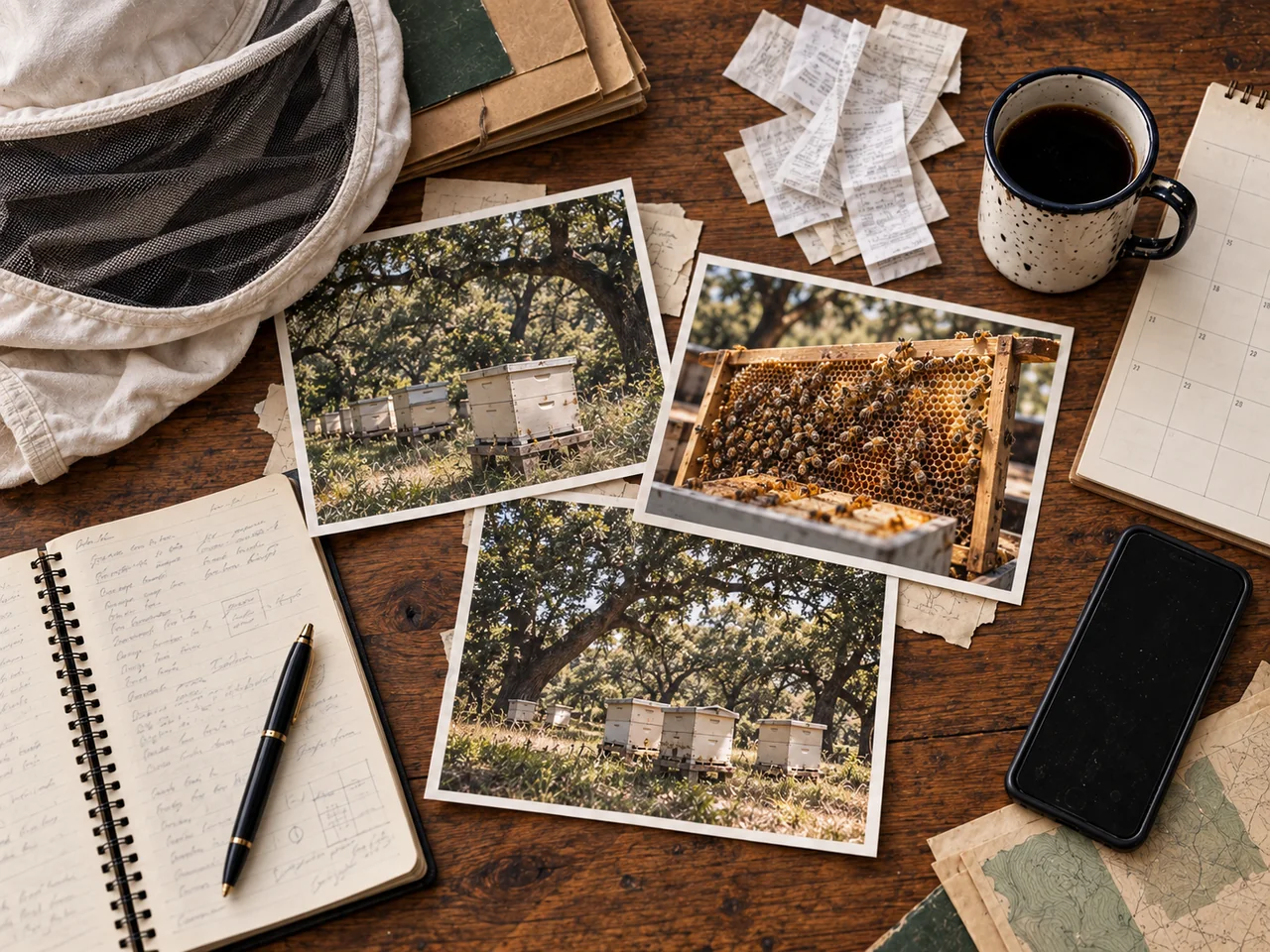 Beekeeping photos, receipts, and field notes arranged on a wooden table.