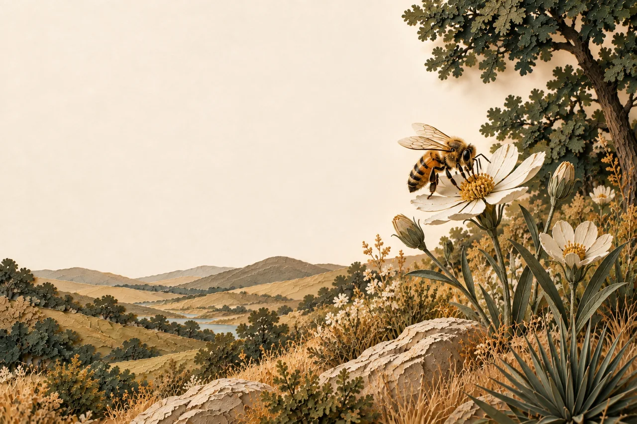 A honey bee visits a flower in a layered-paper Texas landscape.